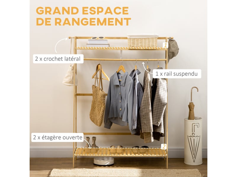 Portant à vêtements penderie - 2 étagères, 2 patères, barre de suspension - bambou verni - Conforama D