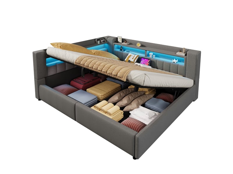  Lit coffre hydraulique 140x200 cm avec led et usb-c, tissu lin gris, structure mdf, sans matelas  - Conforama A
