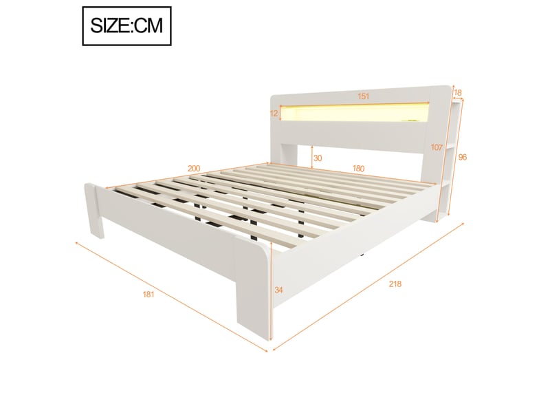  Lit double 180x200 cm en bois avec rangement, led et prises intégrées, blanc  - Conforama C