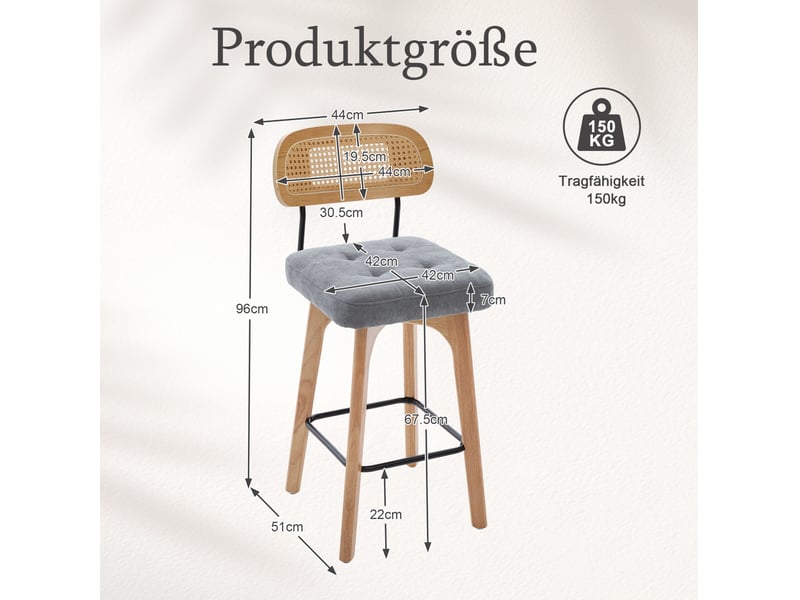  Lot de 2 tabourets de bar pivotants 360° gris en tissu, dossier en paille et assise rembourrée confortable  - Conforama C