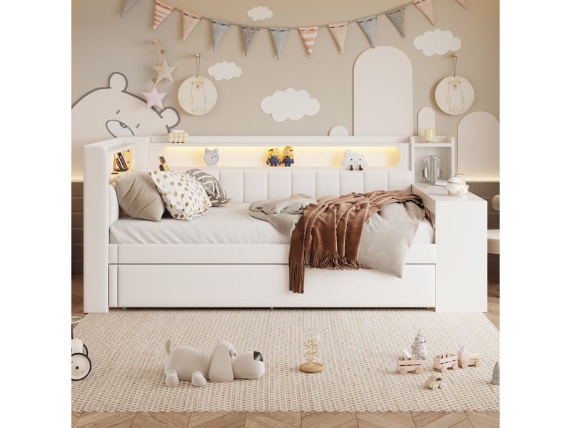  Lit gigogne 90 x 200 cm canapé-lit rembourré ports usb éclairage led bureau intégré blanc  - Conforama B