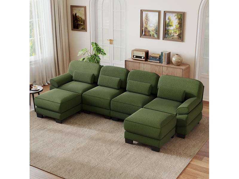 Canapé modulable en u 4 places 336x161x94 cm, coussins garnis, assise profonde, 2 poufs, en velours côtelé, vert  - Conforama E