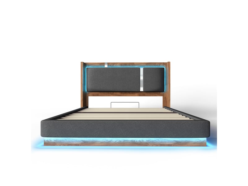  Lit coffre 160x200 cm en lin gris finition noyer avec led, sommier et coffre  - Conforama W