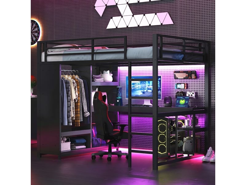  Lit mezzanine 140x200 avec bureau et penderie ouverte, lit gamer avec led, métal noir  - Conforama B