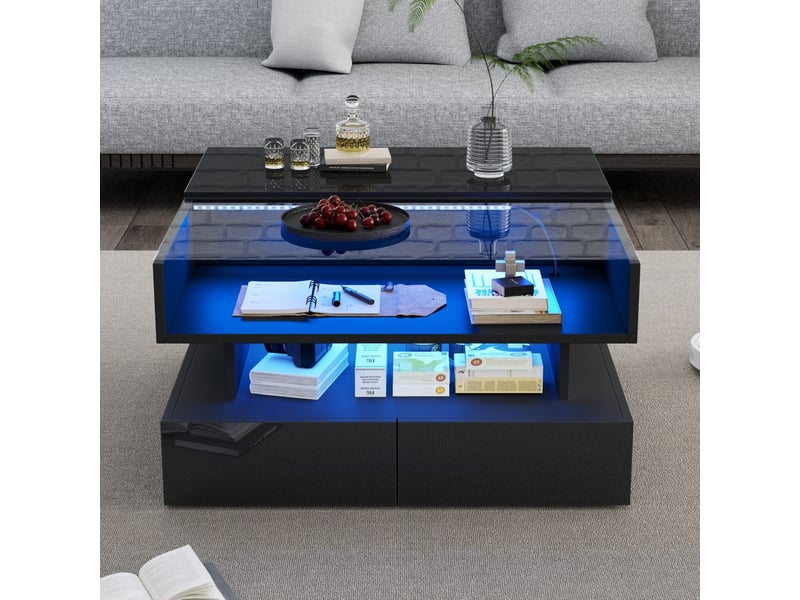  Table basse 80x80, plateau verre trempé table basse salon, rangement intégré, led intégrées, plateau relevable  - Conforama B
