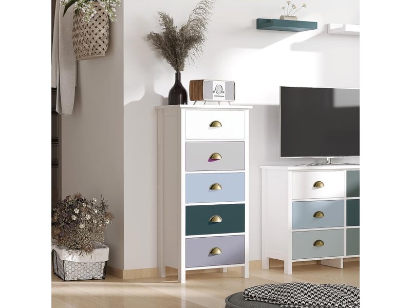  Chiffonnier commode meuble de rangement 5 tiroirs multicolores avec poignée métal coquille mdf - dim. 45l x 30l x 95,4h cm  - Conforama B