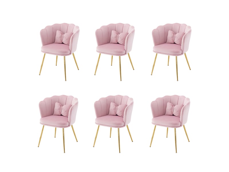  Lot de 6 chaises en velours rose avec dossier en forme de pétale, pieds métalliques dorés et coussins  - Conforama A