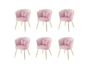 Lot de 6 chaises en velours rose avec dossier en forme de pétale, pieds métalliques dorés et coussins