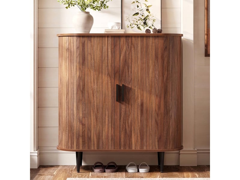  Buffet d'entrée avec portes coulissantes, meuble de rangement avec 4 crochets, effet bois, 85x40x93 cm  - Conforama B