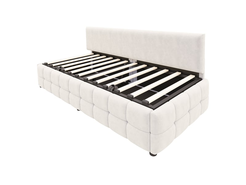  Canapé-lit 90x200 velours beige, rangement hydraulique, dossier, motif à carreaux  - Conforama E