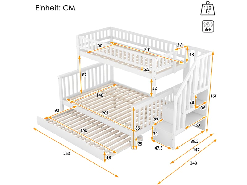  Lit superposé enfant blanc 90x200 et 140x200 cm avec sommiers et lit gigogne  - Conforama C