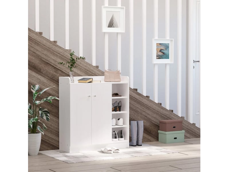  Meuble à chaussures 83x30x90 cm avec 2 portes et 4 compartiments bois blanc  - Conforama B