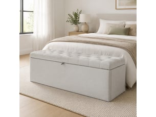 Banc coffre capitonné 141x41,5x42 cm, rangement ,assise rembourrée lin, design européen, gris clair
