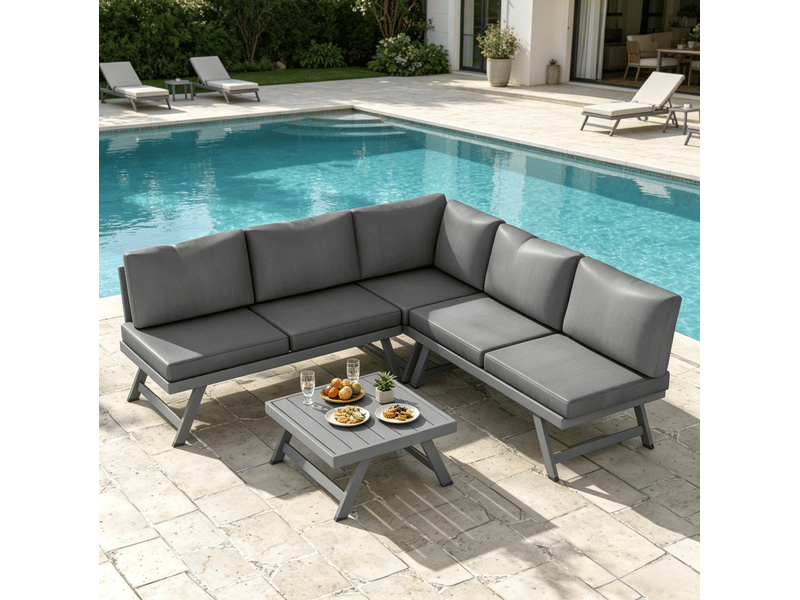 Salon de jardin d’angle 5 places avec dossiers inclinables, table basse, gris - Conforama E