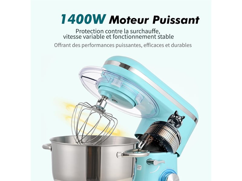  Robot pâtissier 1400w, bol 6,2l en acier inoxydable, 6 vitesses, fouet, crochet et batteur inclus, pour pâtisserie et boulangerie (bleu)  - Conforama C