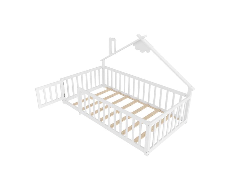  Lit enfant 90 x 190 cm, lit cabane en bois, barrière de sécurité avec verrou, pin massif, blanc  - Conforama R