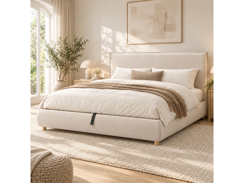  Lit double rembourré 180x200 cm avec rangement hydraulique, sommier à lattes, tête de lit capitonnée, pieds en bois massif, velours crème IKSETERA TRADING LTD - Conforama D