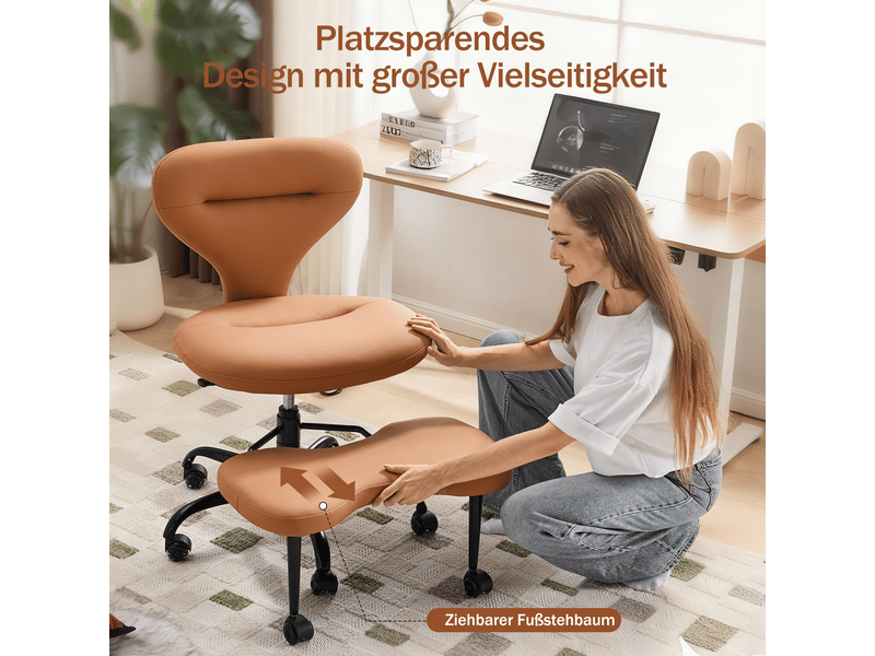 Chaise de bureau ergonomique pivotante réglable avec repose-pieds rétractable et roulettes, en simili cuir orange - Conforama C