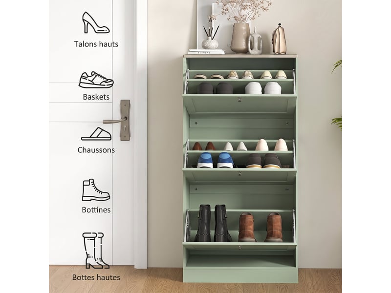  Meuble à chaussures style moderne, 3 portes abattantes, 18 paires de chaussures, 60 x 23,5 x 115 cm, vert  - Conforama R