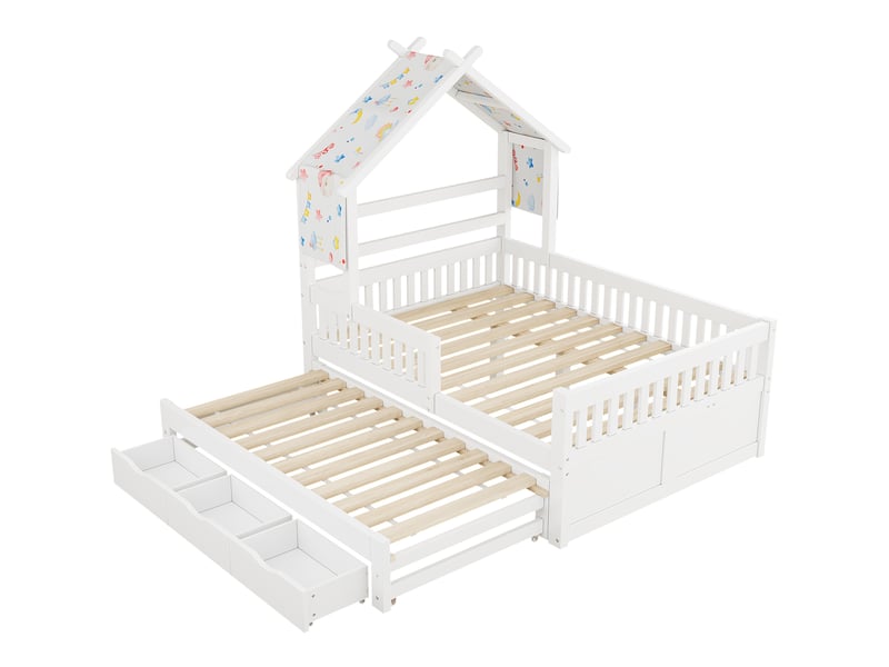 Lit cabane 140x200 cm, lit gigogne, lit enfant avec 3 tiroirs, barrières, pour chambre, pin et mdf, blanc sans matelas - Conforama E