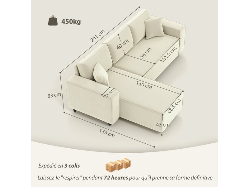  Canapé d'angle réversible 3 places moderne avec coussins inclus, crème, tissu velours côtelé  - Conforama C