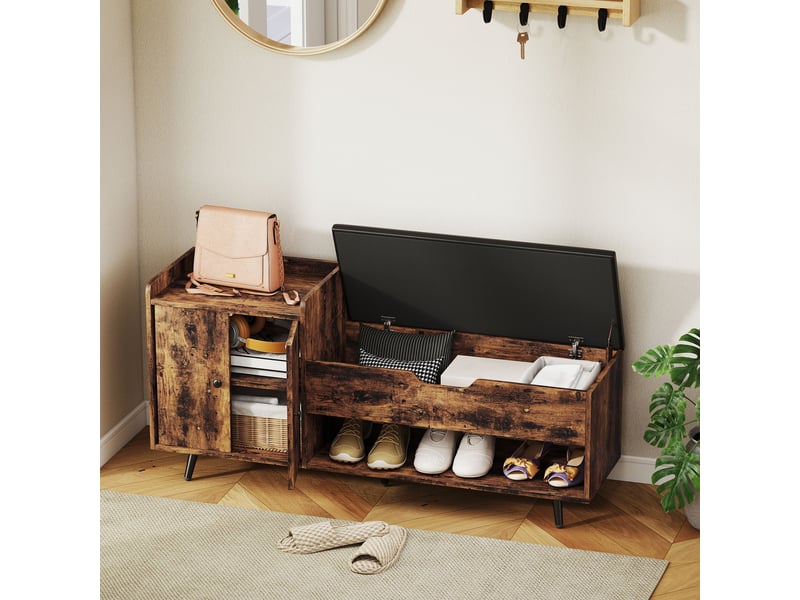  Banc à chaussures industriel avec assise rembourrée, compartiment caché, étagères et portes, 127 x 35 x 59 cm, marron rustique  - Conforama C