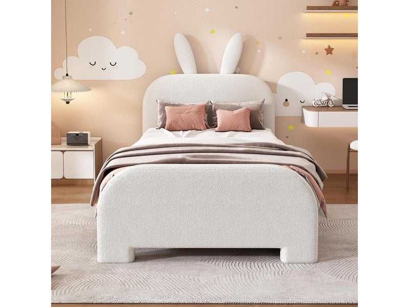  Lit plat rembourré enfant 90x200 cm, forme lapin en laine, deux tiroirs, doux et chaleureux, sans matelas, très pratique, blanc  - Conforama E