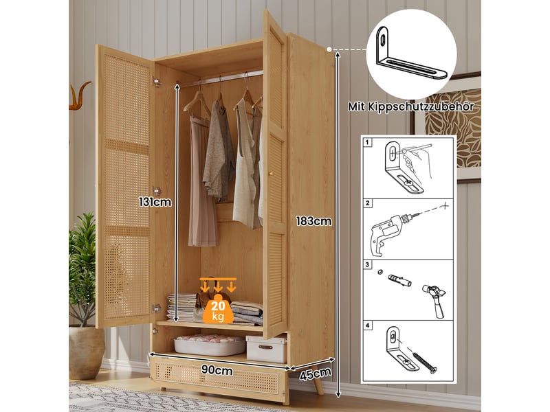  Armoire 2 portes avec tringle, armoire à vêtements style rotin, rangement avec couvercle rabattable, naturel  - Conforama E