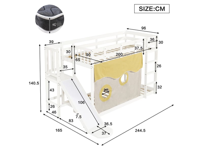  Lit superposé 90x200cm - toboggan amusant et escalier - lit superposé enfant - en bois de pin blanc avec rideau et sommiers à lattes  - Conforama C