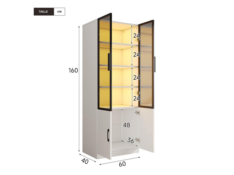  Vitrine avec éclairage led portes en verre fumé et 2 portes blanc 60 x 40 x 160 cm N880P4919434W - Conforama C