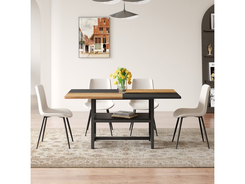  Ensemble table à manger 160 cm avec 4 chaises blanches en similicuir à assise large et rangement intégré, cuisine ou salle à manger  - Conforama C