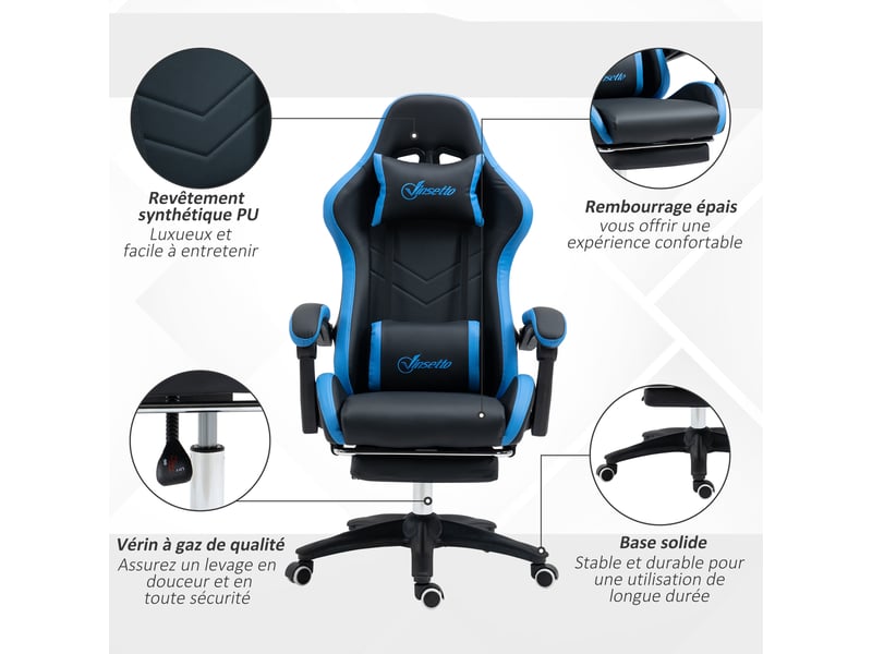  Chaise gaming ergonomique noire et bleue, dossier inclinable à 135° avec soutien lombaire  - Conforama W