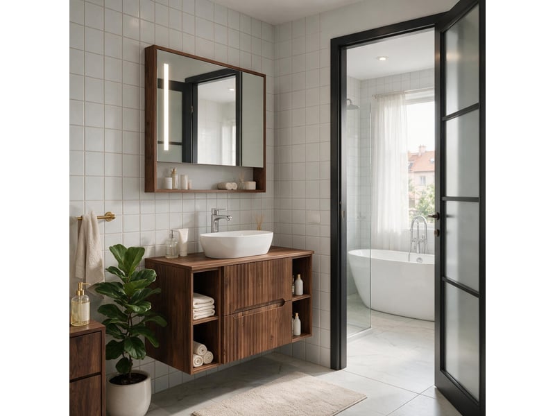 Meuble sous vasque suspendu avec 2 étagères et plan 2t novo l.120 cm effet noyer warmia - Conforama B