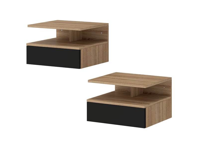  Ensemble de 2 tables de chevet suspendues avec tiroir et étagère ouverte, 35 x 32 x 22,5 cm, noir et chêne  - Conforama B