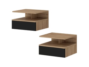 Ensemble de 2 tables de chevet suspendues avec tiroir et étagère ouverte, 35 x 32 x 22,5 cm, noir et chêne