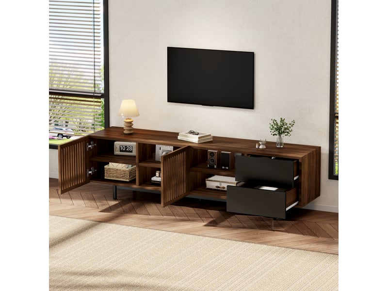  Meuble tv 160 cm en mdf noir et bois naturel – 2 tiroirs, portes à persiennes et niches ouvertes  - Conforama B