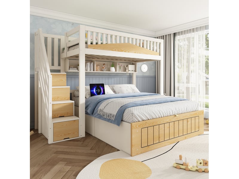  Lit superposé décalé 90x200140x200 rangement hydraulique, escalier, usb-c mdf, blanc naturel sans matelas  - Conforama D