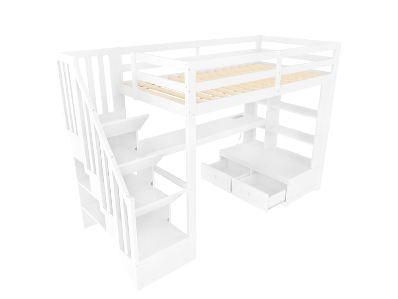  Lit enfant 90 x 200 cm bureau intégré lit simple étagères intégrées deux tiroirs intégrés escalier de rangement structure mezzanine finition blanche  - Conforama C