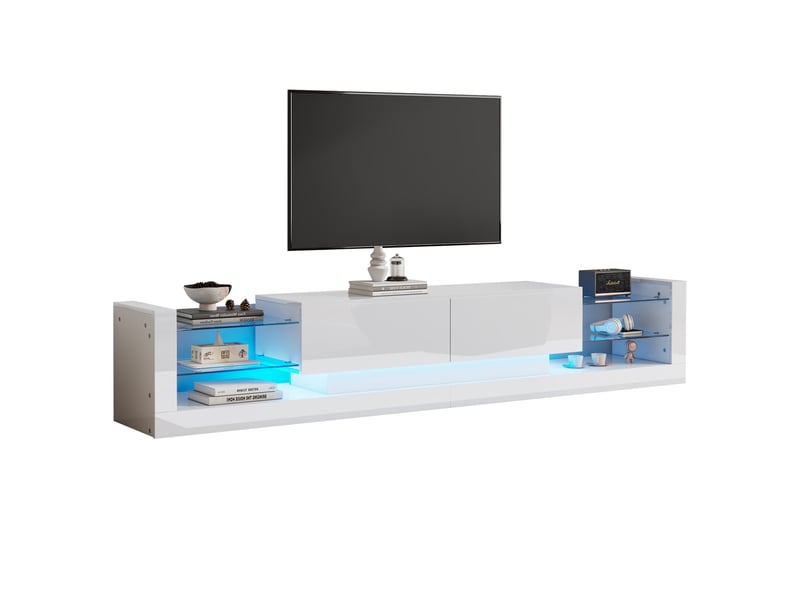  Meuble tv blanc laqué led 181 cm - pour tv jusqu'à 80 pouces - façade verre et 2 tiroirs  - Conforama R