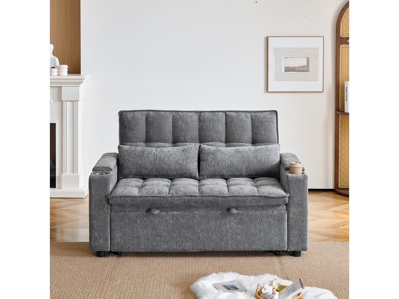  Canapé convertible 3-en-1 142 x 89 x 89 cm, coussins assise et dossier moelleux, 2 lombaires, tablette et porte-gobelet, chenille, gris OMNIGLINT TRADING LTD - Conforama C
