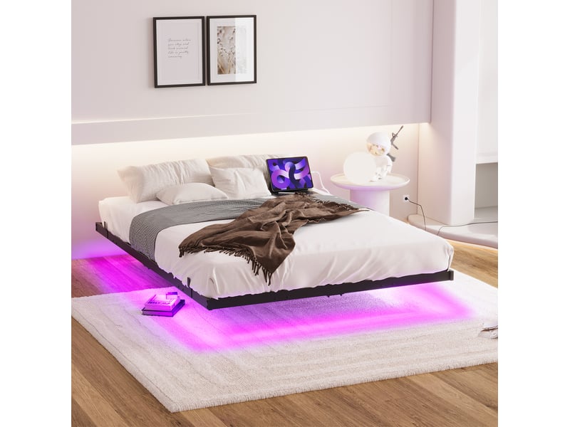  Elvmi lit 120x200 cm effet flottant avec éclairage led multicolore, station de charge 2 prises + 2 usb, structure en métal noir avec sommier à lattes, contrôle par télécommande ou application, silencieux et stable  - Conforama D