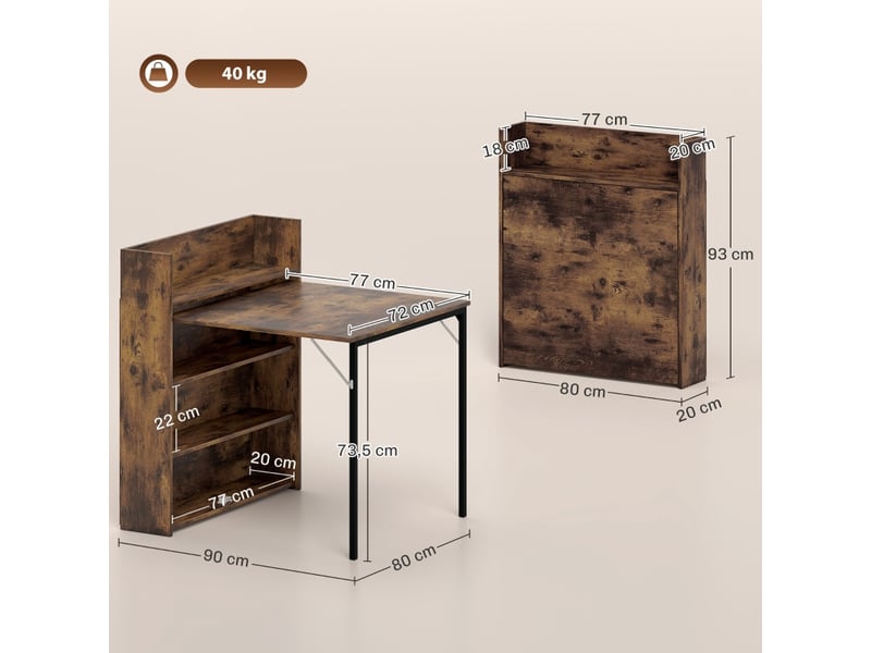  Table à manger pliante,90x80x93 cm,3 étagères,mdf,marron rustique  - Conforama C