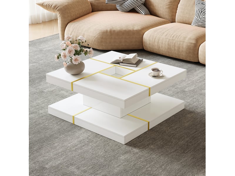  Table basse avec 2 niveaux et découpe centrale, style minimaliste, en panneau de particules blanc, 80 × 80 × 38 cm  - Conforama C
