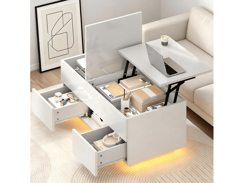  Table basse relevable avec led blanc brillant 100 x 45 x 43 cm en panneau de particules  - Conforama D