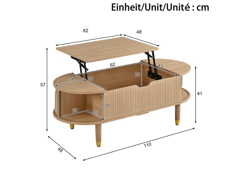 Table basse ovale avec plateau relevable et portes coulissantes, mdf et pieds en bois d'hévéa, naturel, 110 x 48 cm - Conforama E