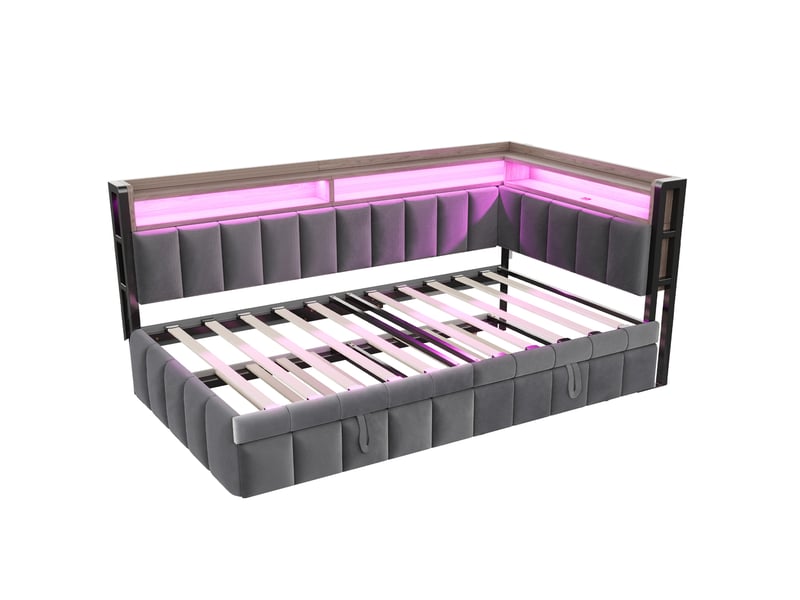  Lit banquette 90x200 cm avec lit gigogne, led et usb-c, velours gris foncé, sans matelas  - Conforama R