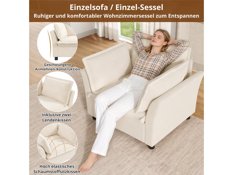  Canapé 1 place en tissu chenille beige avec led intégrée et coussins amovibles pour salon  - Conforama R