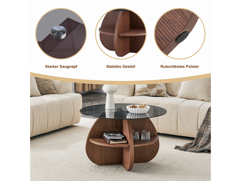  Table basse ronde avec rangement, verre trempé gris et structure effet noyer  - Conforama C