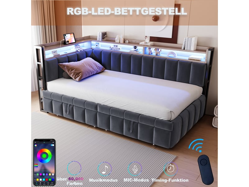 Canapé-lit convertible 90x200 cm avec lit gigogne escamotable, led et ports usb-c, rangements, velours gris foncé, sans matelas - Conforama E