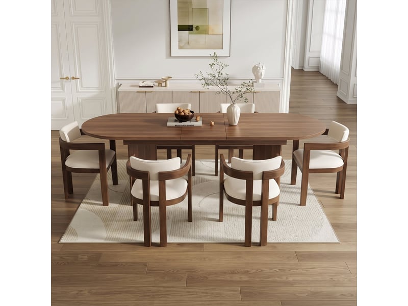  Ensemble table et chaises de salle à manger, table extensible 160/200 x 90 cm, 6 chaises en bois massif avec tissu en lin, style moderne, coloris noyer  - Conforama D
